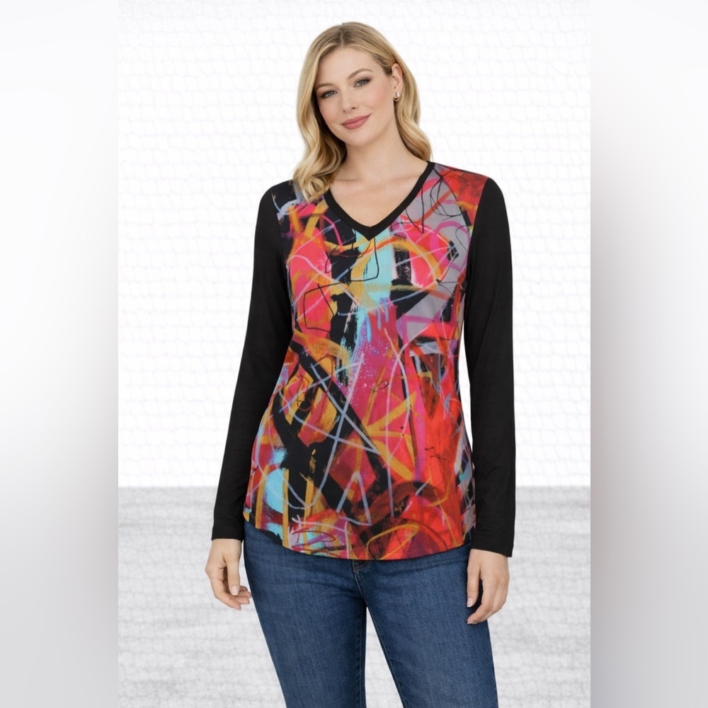 DOLCEZZA Women's Multicolor Abstract Top “Red 3” NWT